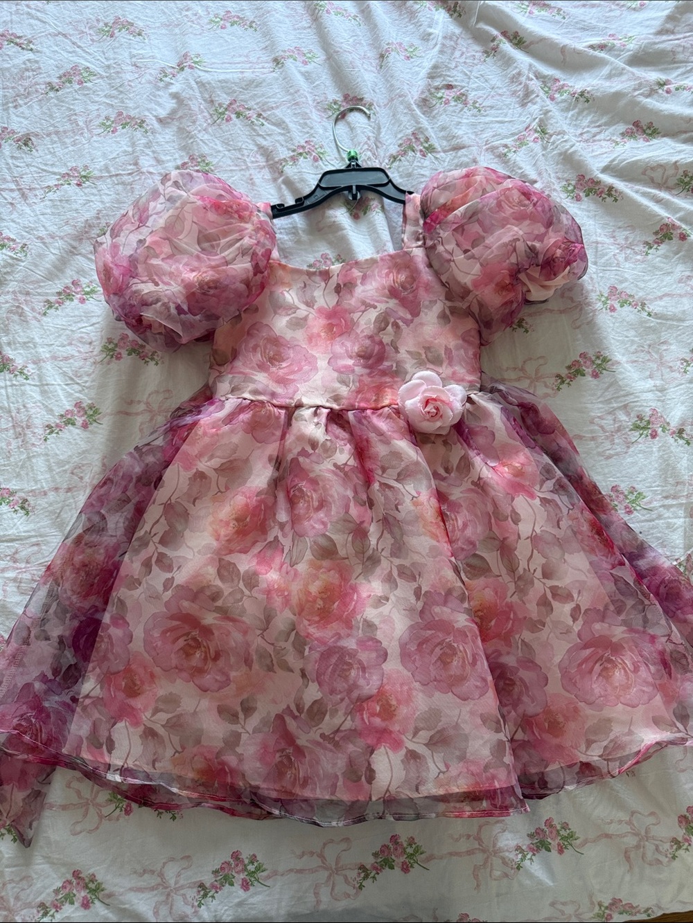 Badgley Mischka Pink Floral Organza Puff-Sleeve Party Dress